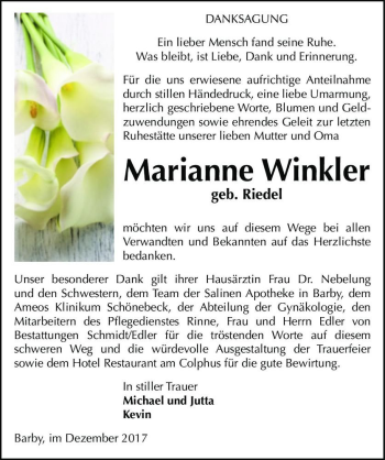 Traueranzeige von Marianne Winkler (geb. Riedel)  von Magdeburger Volksstimme