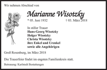 Traueranzeige von Marianne Wisotzky  von Magdeburger Volksstimme