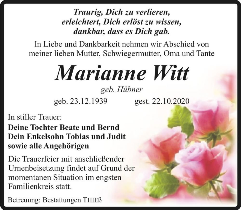  Traueranzeige für Marianne Witt (geb. Hübner)  vom 14.11.2020 aus Magdeburger Volksstimme