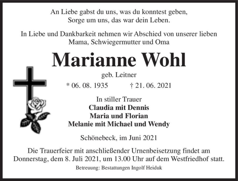  Traueranzeige für Marianne Wohl (geb. Leitner)  vom 26.06.2021 aus Magdeburger Volksstimme