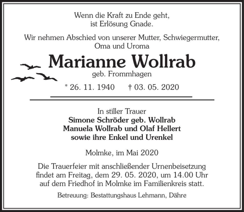  Traueranzeige für Marianne Wollrab (geb. Frommhagen)  vom 06.05.2020 aus Magdeburger Volksstimme