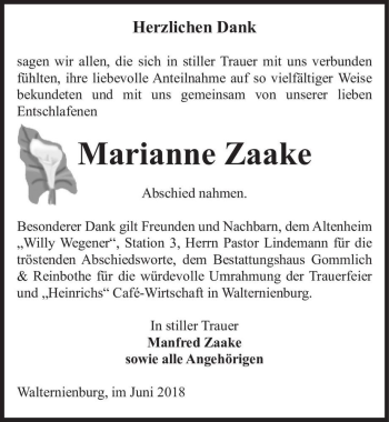 Traueranzeige von Marianne Zaake  von Magdeburger Volksstimme