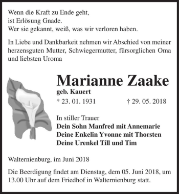 Traueranzeige von Marianne Zaake (geb. Kauert)  von Magdeburger Volksstimme