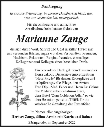 Traueranzeige von Marianne Zange  von Magdeburger Volksstimme