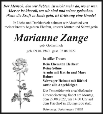 Traueranzeige von Marianne Zange (geb. Gottschlich)  von Magdeburger Volksstimme