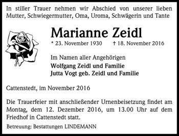 Traueranzeige von Marianne Zeidl  von Magdeburger Volksstimme