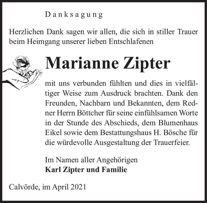  Traueranzeige für Marianne Zipter  vom 29.04.2021 aus Magdeburger Volksstimme