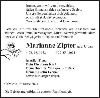 Traueranzeige von Marianne Zipter (geb. Urban)  von Magdeburger Volksstimme
