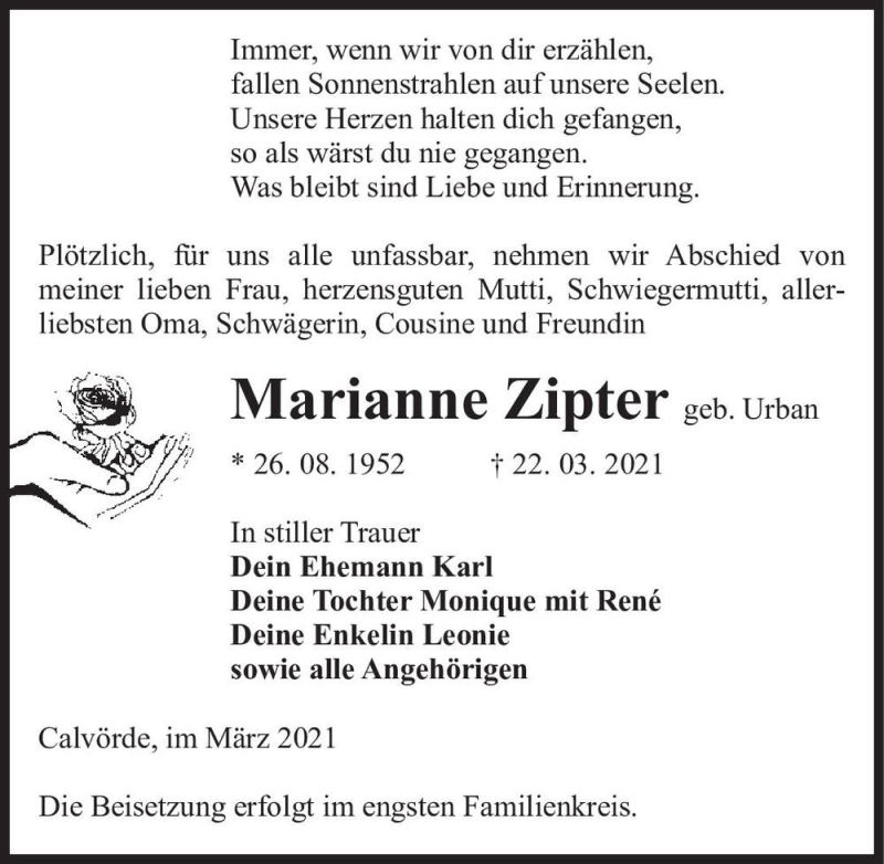  Traueranzeige für Marianne Zipter (geb. Urban)  vom 29.03.2021 aus Magdeburger Volksstimme