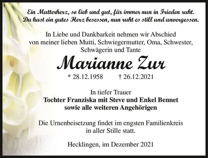  Traueranzeige für Marianne Zur  vom 31.12.2021 aus Magdeburger Volksstimme