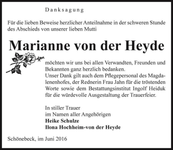 Traueranzeige von Marianne von der Heyde  von Magdeburger Volksstimme