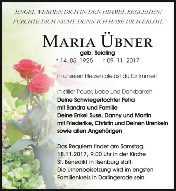 Traueranzeige von Maria Übner (geb. Seidling)  von Magdeburger Volksstimme