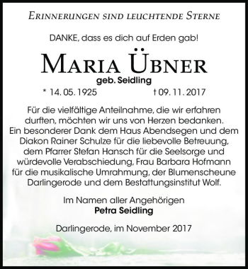 Traueranzeige von Maria Übner (geb. Seidling)  von Magdeburger Volksstimme