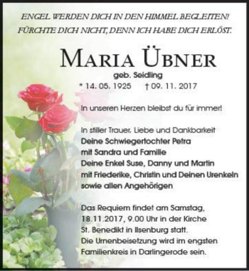 Traueranzeige von Maria Übner (geb. Seidling)  von Magdeburger Volksstimme