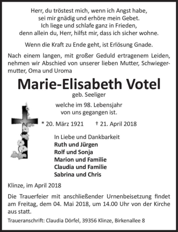 Traueranzeige von Marie-Elisabeth Votel (geb. Seeliger)  von Magdeburger Volksstimme