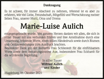 Traueranzeige von Marie-Luise Aulich  von Magdeburger Volksstimme