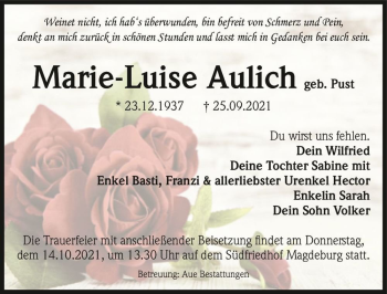 Traueranzeige von Marie-Luise Aulich (geb. Pust)  von Magdeburger Volksstimme