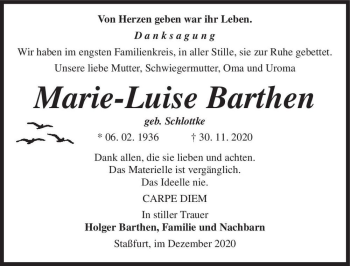 Traueranzeige von Marie-Luise Barthen (geb. Schlottke)  von Magdeburger Volksstimme