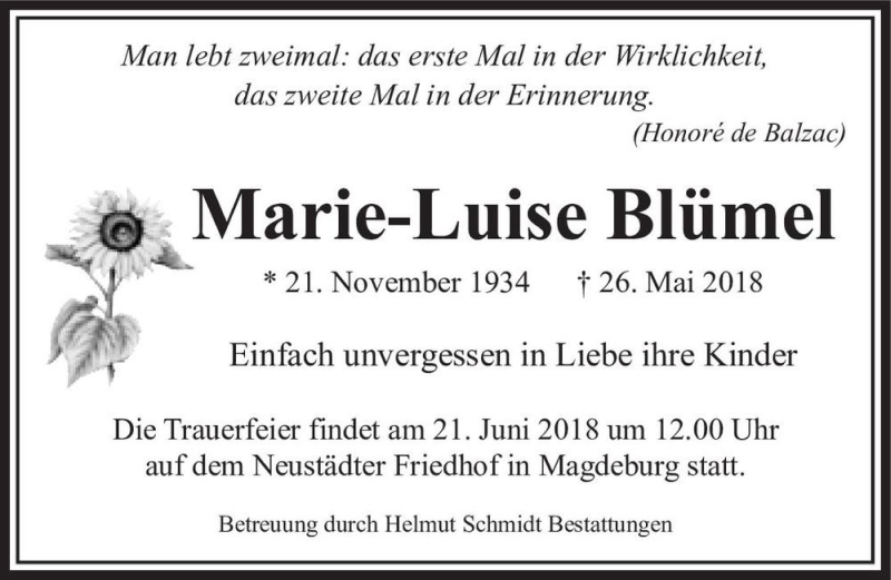 Traueranzeige für Marie-Luise Blümel  vom 09.06.2018 aus Magdeburger Volksstimme