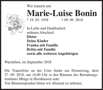 Traueranzeige von Marie-Luise Bonin  von Magdeburger Volksstimme