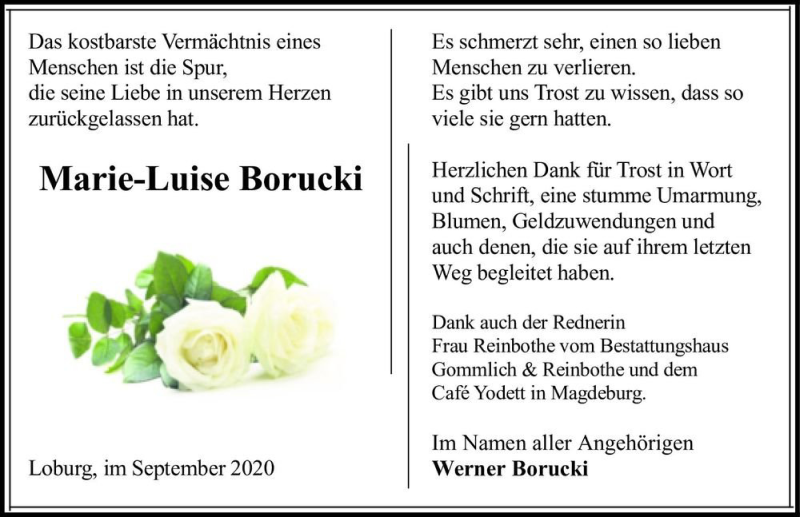  Traueranzeige für Marie-Luise Borucki  vom 26.09.2020 aus Magdeburger Volksstimme
