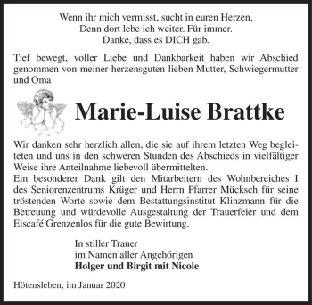 Traueranzeige von Marie-Luise Brattke  von Magdeburger Volksstimme