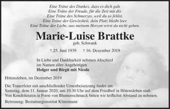 Traueranzeige von Marie-Luise Brattke (geb. Schwank)  von Magdeburger Volksstimme