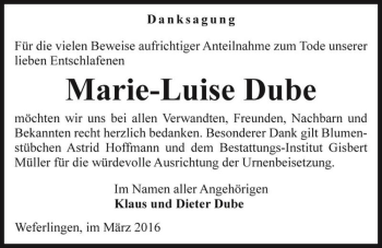Traueranzeige von Marie-Luise Dube  von Magdeburger Volksstimme