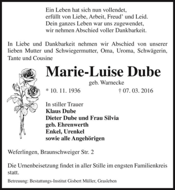 Traueranzeige von Marie-Luise Dube (geb. Warnecke)  von Magdeburger Volksstimme