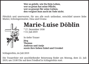 Traueranzeige von Marie-Luise Döblin  von Magdeburger Volksstimme