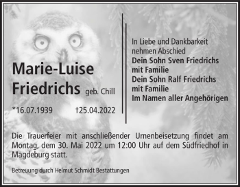 Traueranzeige von Marie-Luise Friedrichs (geb. Chill)  von Magdeburger Volksstimme