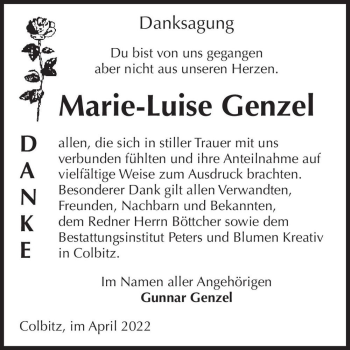 Traueranzeige von Marie-Luise Genzel  von Magdeburger Volksstimme
