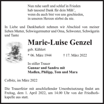 Traueranzeige von Marie-Luise Genzel (geb. Kählert)  von Magdeburger Volksstimme