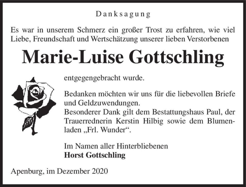  Traueranzeige für Marie-Luise Gottschling  vom 18.12.2020 aus Magdeburger Volksstimme