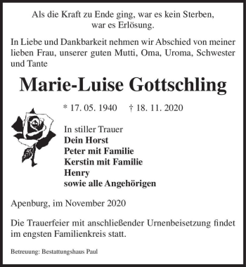 Traueranzeige von Marie-Luise Gottschling  von Magdeburger Volksstimme