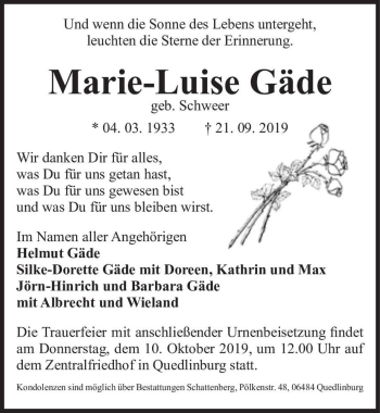 Traueranzeige von Marie-Luise Gäde (geb. Schweer)  von Magdeburger Volksstimme