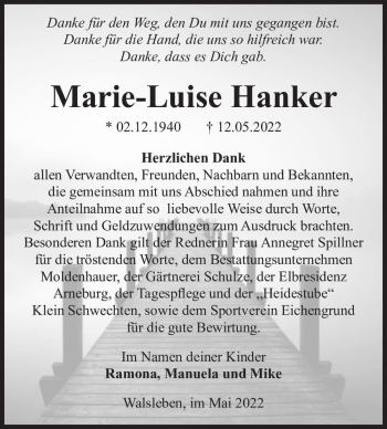 Traueranzeige von Marie-Luise Hanker  von Magdeburger Volksstimme