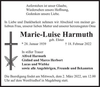 Traueranzeige von Marie-Luise Harmuth (geb. Elster)  von Magdeburger Volksstimme