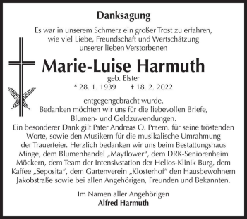 Traueranzeige von Marie-Luise Harmuth (geb. Elster)  von Magdeburger Volksstimme