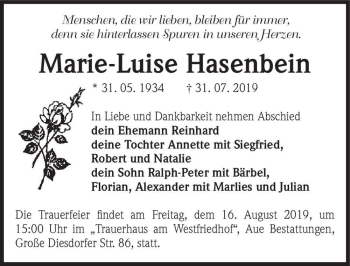 Traueranzeige von Marie-Luise Hasenbein  von Magdeburger Volksstimme