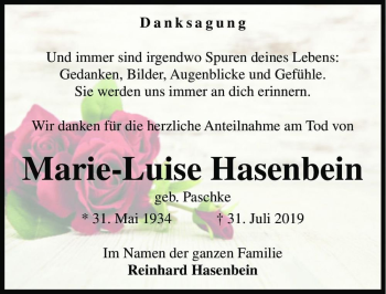 Traueranzeige von Marie-Luise Hasenbein (geb. Paschke)  von Magdeburger Volksstimme