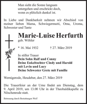 Traueranzeige von Marie-Luise Herfurth (geb. Wöhler)  von Magdeburger Volksstimme