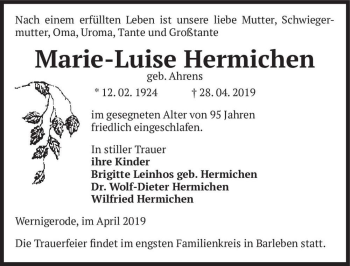 Traueranzeige von Marie-Luise Hermichen (geb. Ahrens)  von Magdeburger Volksstimme