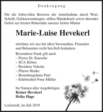 Traueranzeige von Marie-Luise Hevekerl  von Magdeburger Volksstimme