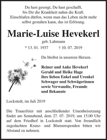Traueranzeige von Marie-Luise Hevekerl (geb. Lahmann)  von Magdeburger Volksstimme