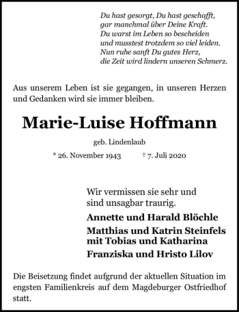 Traueranzeige von Marie-Luise Hoffmann (geb. Lindenlaub)  von Magdeburger Volksstimme