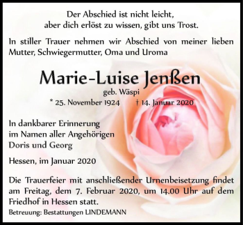 Traueranzeige von Marie-Luise Jenßen (geb. Wäspi)  von Magdeburger Volksstimme