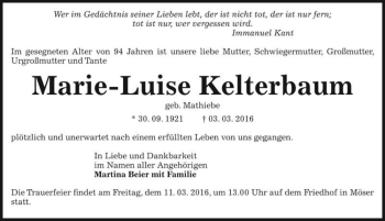 Traueranzeige von Marie-Luise Kelterbaum (geb. Mathiebe)  von Magdeburger Volksstimme