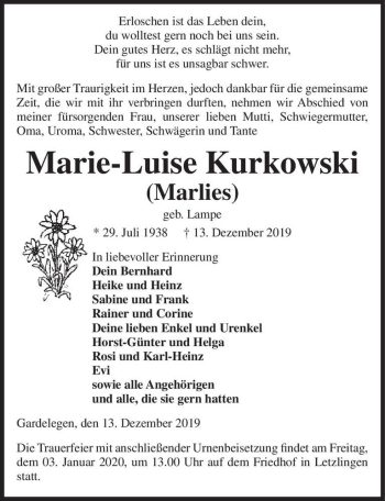 Traueranzeige von Marie-Luise Kurkowski 