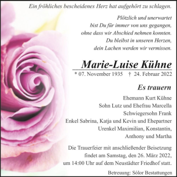 Traueranzeige von Marie-Luise Kühne  von Magdeburger Volksstimme
